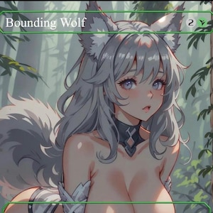 May include: An illustrated card featuring a humanoid wolf with gray hair and fur. The card is framed in green with the text "Bounding Wolf" at the top. The background shows a forest scene with green foliage.