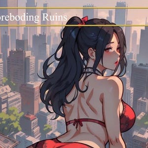 May include: Anime-style illustration featuring a person in red lingerie, with the text "Foreboding Ruins" above. The background shows a cityscape with high-rise buildings, creating a contrast between the figure and the urban environment.