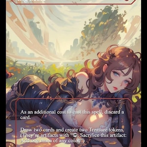 May include: A fantasy art card named "Big Score" with a cost of 3 and a fire symbol. The card depicts a woman in a dark outfit, with text detailing the spell's effects, including discarding a card. The artwork has a soft, painterly style, focusing on the character.