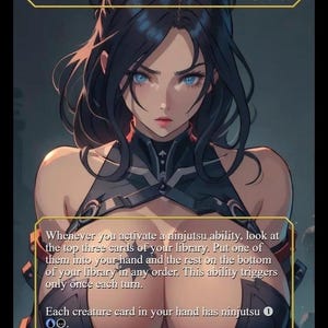 May include: A fantasy art card featuring Satoru Umezawa, a Human Ninja. The card has a portrait of a woman with dark hair and blue eyes. Text on the card describes a ninjutsu ability. The card's power and toughness are 3/4.