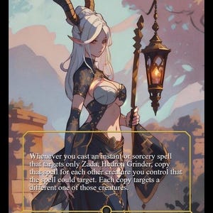 May include: A custom Magic: The Gathering card featuring an illustration of Zedruu the Greathearted, a Minotaur Monk. The artwork depicts a female figure with white hair, horns, and a staff. The card includes game text and a 3/3 power/toughness.