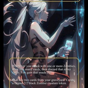 Może przedstawiać: Karta fantasy z "Varina, Lich Queen". Grafika przedstawia kobietę z białymi włosami i ciemną sukienką, trzymającą kartę. Tekst na karcie opisuje zdolności związane z Zombie i zyskiwaniem życia. Karta jest oznaczona jako Legendarna Istota - Zombie Czarodziej, ze statystykami 4/4.