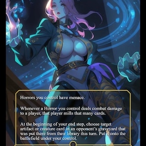 May include: A fantasy card featuring Captain N'ghathrod, a Legendary Creature - Horror Pirate. The artwork depicts a woman with pink hair in a dark blue outfit with gold accents. The card includes game text and a power/toughness of 3/6.