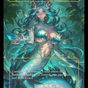 May include: A fantasy art card featuring Tatyova, Benthic Druid, a mermaid-like creature with teal hair and a matching tail. The card includes the text "Landfall" and "Legendary Creature - Merfolk Druid" with a 3/3 power/toughness.