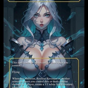 Puede incluir: Una carta de fantasía con Millicent, Restless Revenant. La obra de arte representa a una mujer con cabello blanco y azul, vistiendo una armadura. El texto en la carta incluye "Millicent, Restless Revenant", "Criatura Legendaria - Soldado Espíritu" y mecánicas de juego.