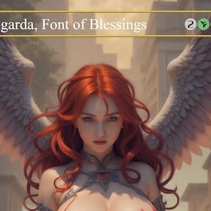 Pode incluir: Arte digital de uma mulher com longos cabelos ruivos e grandes asas de penas. A imagem inclui o texto "Sigarda, Font of Blessings" em uma faixa dourada. O fundo mostra uma paisagem urbana desfocada.