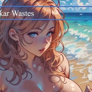 May include: Digital art of a woman with long, wavy, light brown hair and blue eyes on a beach. The text "Adarkar Wastes" is displayed in a blue banner above her. The background shows the ocean and a sandy beach.