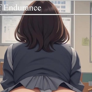 May include: Illustration of a person in a school uniform, viewed from the back, seated in a classroom. The image features the text "Test of Endurance" at the top, with a numerical value and star icons. The setting includes desks, chairs, and whiteboards.