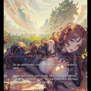 May include: A custom card illustration labelled "Big Score" depicting a woman in a dark outfit. The card text details the spell's effects, including drawing cards and creating Treasure tokens. The card has a cost of three mana.