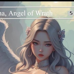 May include: Digital art of Akroma, Angel of Wrath, a fantasy character with long silver hair, floral accents, and large white wings. The image includes text that reads "Akroma, Angel of Wrath" and a cost of 5.