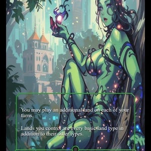 Pode incluir: Carta de fantasia com uma ninfa de pele verde e cabelo escuro, segurando um objeto brilhante. A carta é intitulada "Dryad of the Ilysian Grove" e inclui texto de jogo sobre tipos de terreno. A arte é detalhada.