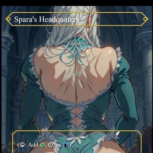 Könnte beinhalten: Illustration einer Figur von hinten, die ein tealfarbenes Kleid mit weißer Spitzentrimmung trägt. Der Text "Spara's Headquarters" steht oben. Das Kleid hat einen tiefen Rücken und Banddetails. Der Hintergrund zeigt ein detailliertes architektonisches Interieur.
