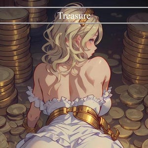 Könnte beinhalten: Illustration einer Person, umgeben von Stapeln goldener Münzen. Die Person trägt ein weißes Kleid mit goldenen Akzenten und einen goldenen Gürtel. Das Wort "Treasure" steht über der Person.