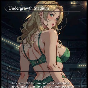 Peut inclure: Illustration d'une femme en lingerie verte, avec le texte "Undergrowth Stadium" en haut. Le texte "Undergrowth Stadium entre sur le champ de bataille engagé sauf si vous avez deux adversaires ou plus" est en bas.