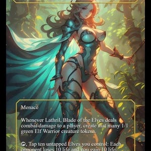 May include: A fantasy card featuring Lahtril, Blade of the Elves. The artwork depicts a female elf warrior in a teal bodysuit and armor, with long blonde hair and a flowing teal cape. The card text includes "Menace" and other game details.