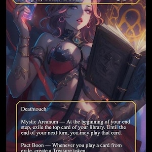 May include: A fantasy art card featuring a Tiefling Warlock named Prosper, Tome-Bound. The card has a dark color scheme with a woman holding a book and a glowing object. The card text includes "Deathtouch", "Mystic Arcanum", and "Pact Boon".
