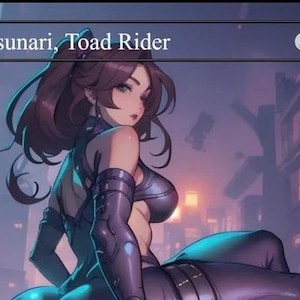 May include: Illustration of Tatsunari, Toad Rider, a female character with brown hair and purple attire. The card art features a fantasy setting with a cityscape in the background. The card's cost is indicated as two black mana.
