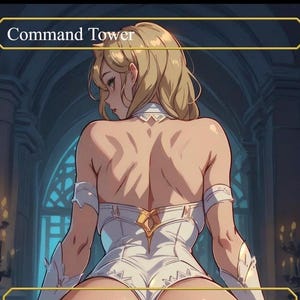Op de afbeelding: Een anime-stijl illustratie van een persoon in een witte outfit, van achteren gezien. De tekst "Command Tower" wordt weergegeven in een gouden kader bovenaan. De achtergrond toont een gedetailleerd architecturaal interieur met boogvensters.