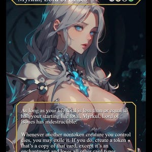Può includere: Una carta di arte fantasy con Myrkul, Signore delle Ossa. La carta raffigura una donna con capelli argentati e occhi blu, che indossa un'armatura ornata. Il testo sulla carta descrive le meccaniche di gioco. La carta ha un bordo dorato e 7/5 di potenza/resistenza.