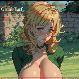May include: An anime-style illustration of a woman with blonde hair and green eyes, wearing a green top and choker. The image has the text "Gruul Turf" at the top. The background features a brick wall and greenery.