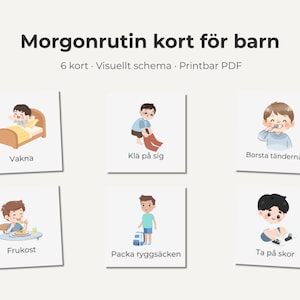 May include: A set of six illustrated cards for a child's morning routine. The cards feature images of a child waking up, getting dressed, brushing teeth, eating breakfast, packing a backpack, and putting on shoes. The text "Morgonrutin kort för barn" is at the top.