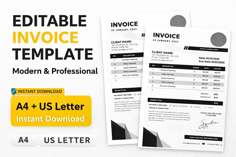 Editable Invoice Template | Modern Black & White Business Billing Form ...