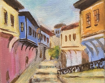 Original  painting, “Sunny town” 2021, 10 x 12 cm, acrylic on canvas, Miniature art, Art, Artwork, Acrylic, 4 x 4.8 inches