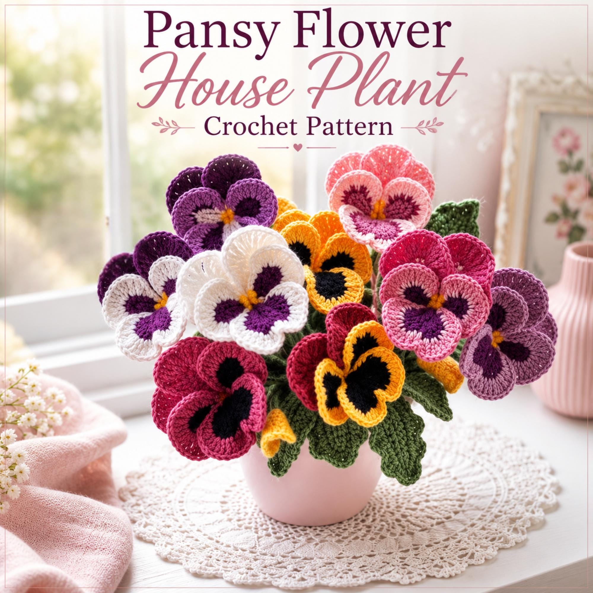 30 Pansy Crochet Patterns for Flowers, Decor, and Wearable Details 29 Pansy Flower House Plant Crochet Pattern