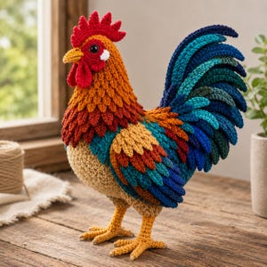 May include: A handcrafted crochet rooster figurine. The rooster features a vibrant color palette of orange, red, blue, and yellow. The rooster's comb, wattle, and tail feathers are meticulously detailed. The figurine is standing on a wooden surface.