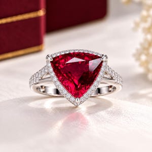 Ruby Ring, Trillion Cut Red Ruby Halo Ring, Ruby Engagement Ring, Sterling Silver Statement Ring, Red Gemstone Jewelry, Gift for Her