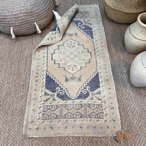 Alfombra Turca 2x3 Beige Navy Vintage Desgastada Lana Geométrica Puerta