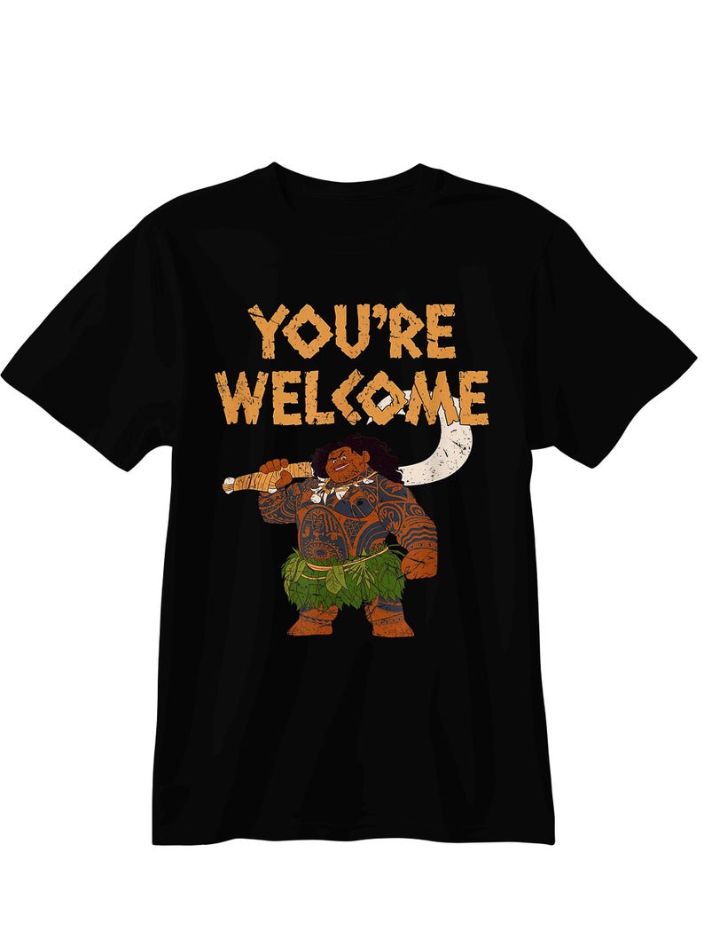 May include: Black t-shirt featuring a cartoon illustration of a Polynesian figure holding a weapon. The text "YOU'RE WELCOME" is printed above the character in a distressed, orange font. The character is wearing a leaf skirt.