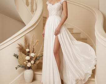 Vestido de novia bohemio de encaje, vestido de novia vaporoso de gasa, vestido de novia para la playa, vestido de novia con abertura en línea A, vestido de novia de verano elegante