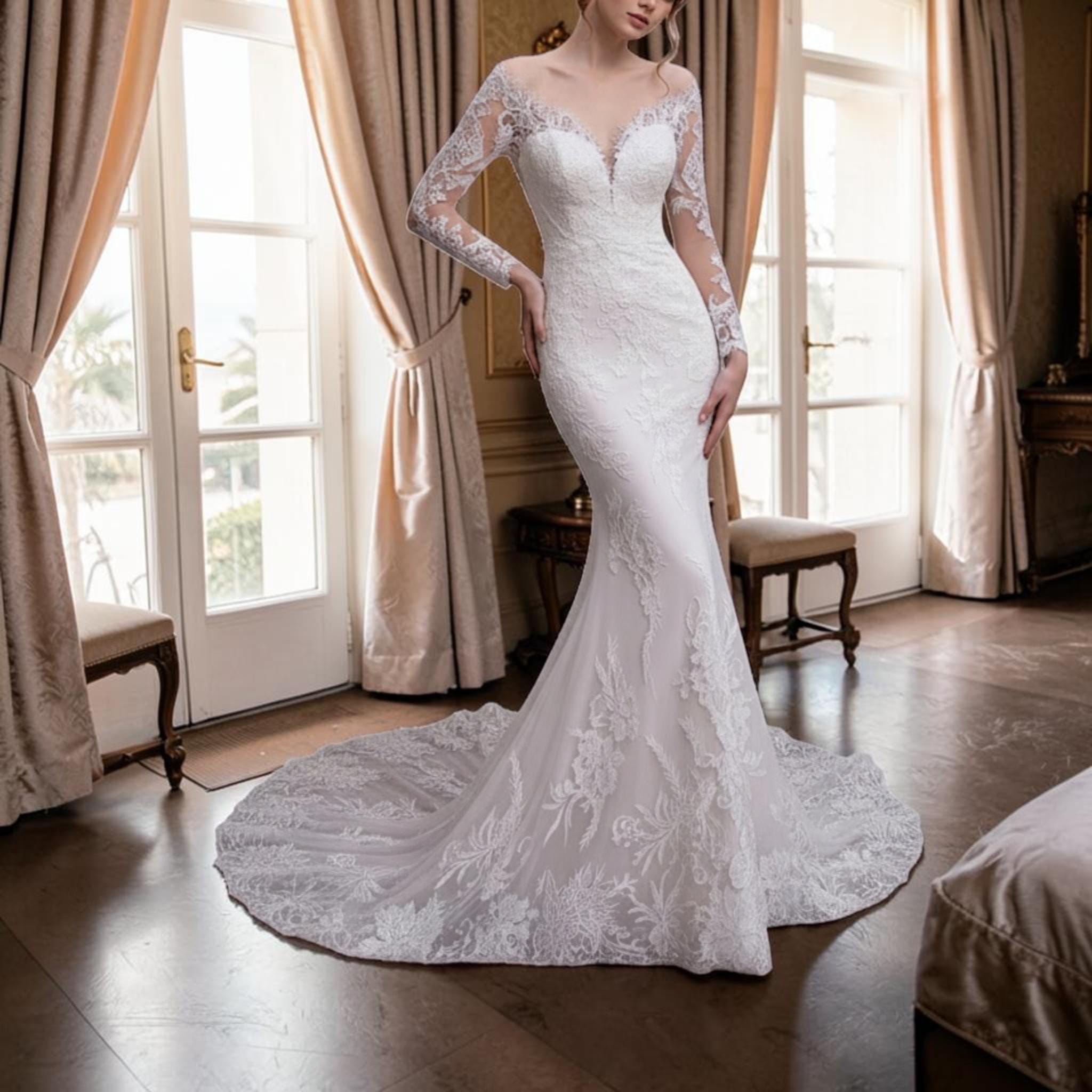 chinese dress ladies Illusion Corset Bodice Full Lace Trumpet Wedding Dress main image 0