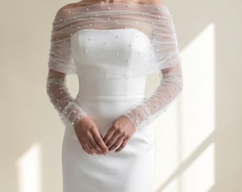 Chal de novia de tul perlado con hombros descubiertos, chal de boda transparente de manga larga, elegante prenda para novia, primavera/verano.