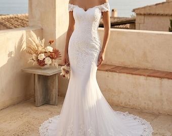 White Lace Mermaid Wedding Dress Cap Sleeve Bridal Gown Fitted Elegant Bride Dress Spring Summer Wedding Gift for Her