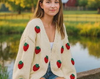 Gift for her, birthday, cozy sweater, handmade cardigan, stylish clothing, Knit ,  Strawberry knit Cardigan