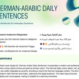 Puede incluir: Portada del libro "GERMAN-ARABIC DAILY SENTENCES" con texto en alemán y árabe. El diseño utiliza azul y dorado, con acentos de los colores de la bandera alemana. Indica 100 frases para situaciones cotidianas.