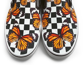 Checkerboard Monarch Butterfly Custom Vans Brand Slip-on Shoes