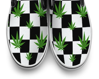 Checkerboard Weed Plant Slip on Custom Vans Brand Shoes