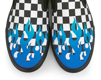 Checkerboard Blue Flame Custom Vans Brand Shoes