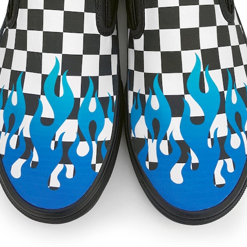 blue checkered vans with flames