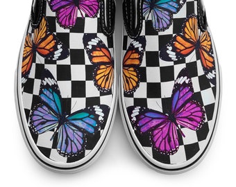 Checkerboard Colorful Monarch Butterfly Custom Vans Brand Slip-on Shoes