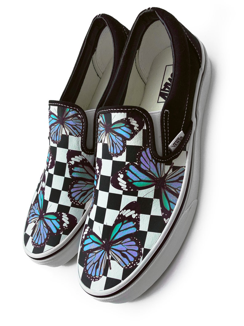 Checkerboard Blue Monarch Butterfly Custom Vans Brand Slipon Etsy