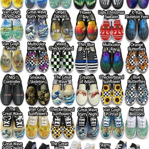 Puede incluir: Una colecci&oacute;n de 20 pares de zapatos de lona con cordones y sin cordones que presentan varias pinturas famosas, incluyendo La noche estrellada de Van Gogh, La gran ola de Kanagawa y girasoles. Los zapatos son negros, blancos y azules con dise&ntilde;os coloridos.