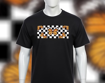 Checkerboard Monarch Butterfly T Shirt - (Black)