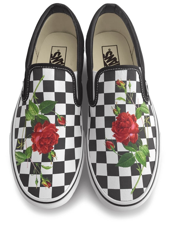 vans slip on checkerboard with rose