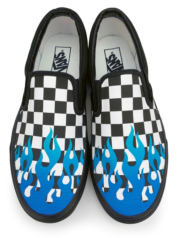 blue checkerboard vans with flames