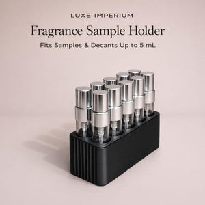 May include: Black fragrance sample holder with silver-capped glass vials. The text on the image reads "LUXE IMPERIUM Fragrance Sample Holder Fits Samples & Decants Up to 5 mL."