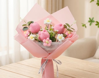 Ramo de flores de ganchillo hecho a mano, flores de punto rosa, regalo para ella, cumpleaños, San Valentín, Día de la Madre, linda decoración floral eterna.